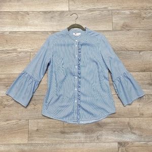 Boden Blue and White Pinstripe Ruffle Placket / Bell Sleeve Button-Down …